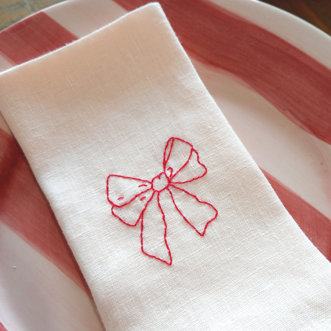 Hand Embroidered Bow Napkins Set of 4